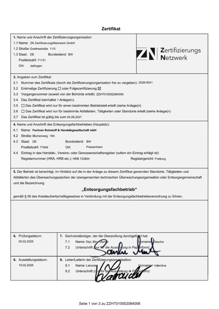 Entsorgungsfachbetrieb-Zertifikat 2026 der Fechner Rohstoff & Handelsgesellschaft mbH – erste Seite. PDF durch Anklicken öffnen.